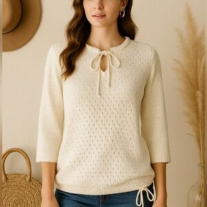 Vintage‎ It’s Pure Gould Cream Knit Sweater Top with Tie Neck & Drawstring Hem